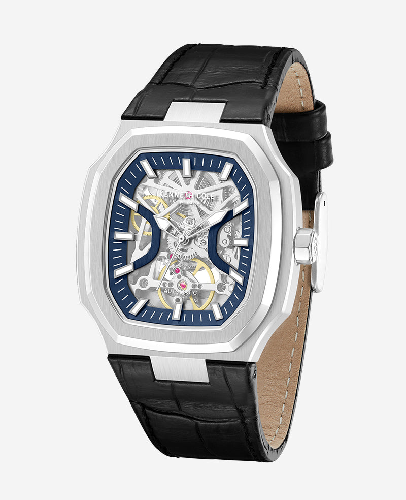 Kenneth Cole Skeleton Automatic Two-Tone Dial Leather Strap Watch | SILVER