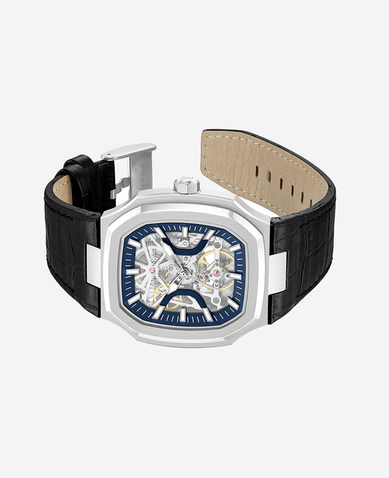Kenneth Cole Skeleton Automatic Two-Tone Dial Leather Strap Watch | SILVER