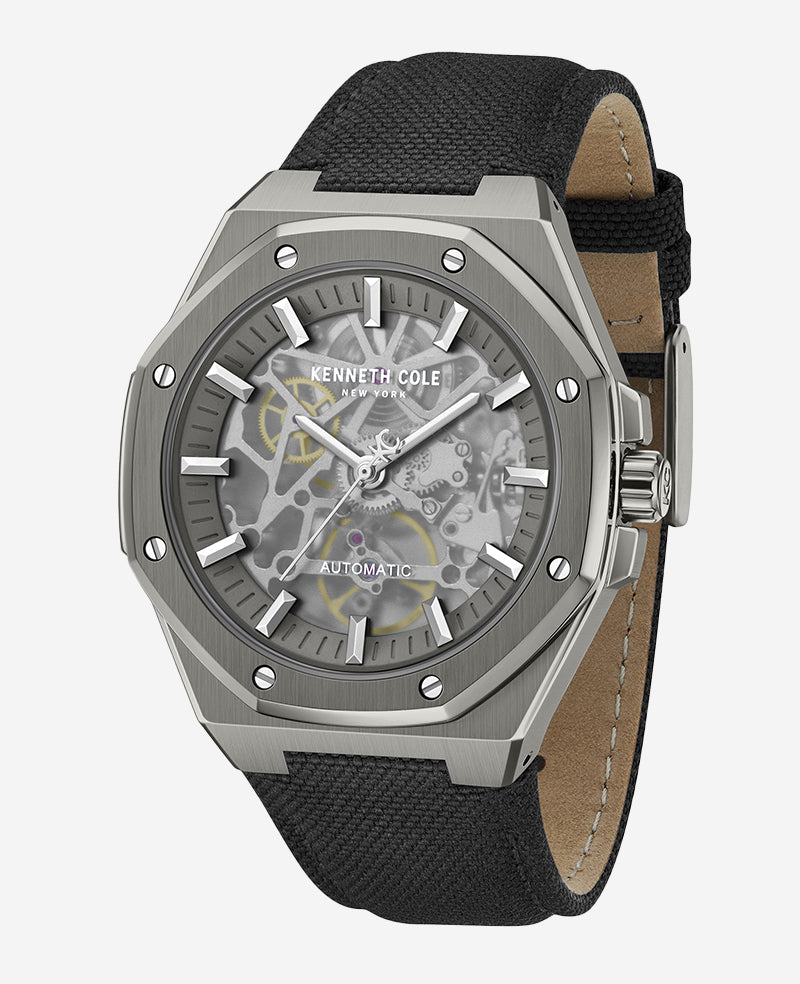 Kenneth Cole Skeleton Automatic Nylon Strap Watch | GUN