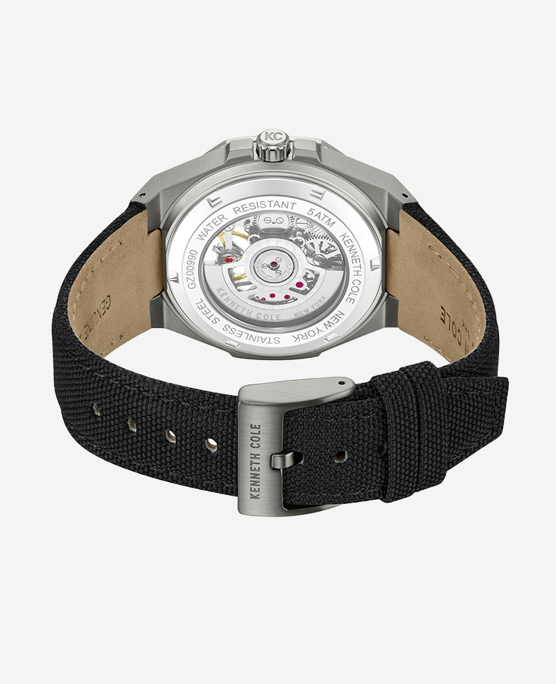 Kenneth Cole Skeleton Automatic Nylon Strap Watch | GUN