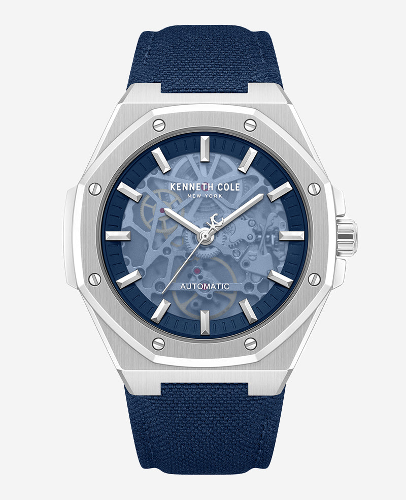 Kenneth Cole Skeleton Automatic Blue Dial Nylon Strap Watch | SILVER