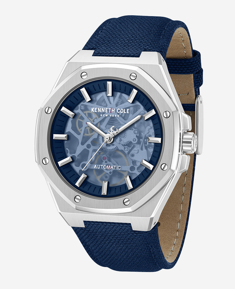 Kenneth Cole Skeleton Automatic Blue Dial Nylon Strap Watch | SILVER