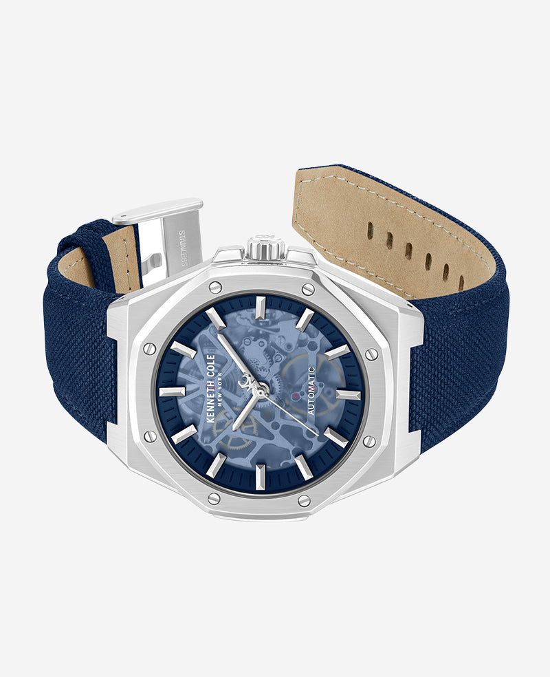 Kenneth Cole Skeleton Automatic Blue Dial Nylon Strap Watch | SILVER