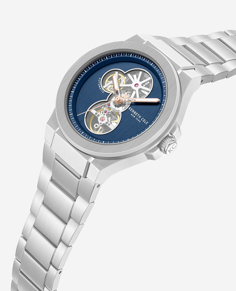 Kenneth Cole Skeleton Automatic Gunmetal Dial Stainless Steel Bracelet Watch | SILVER