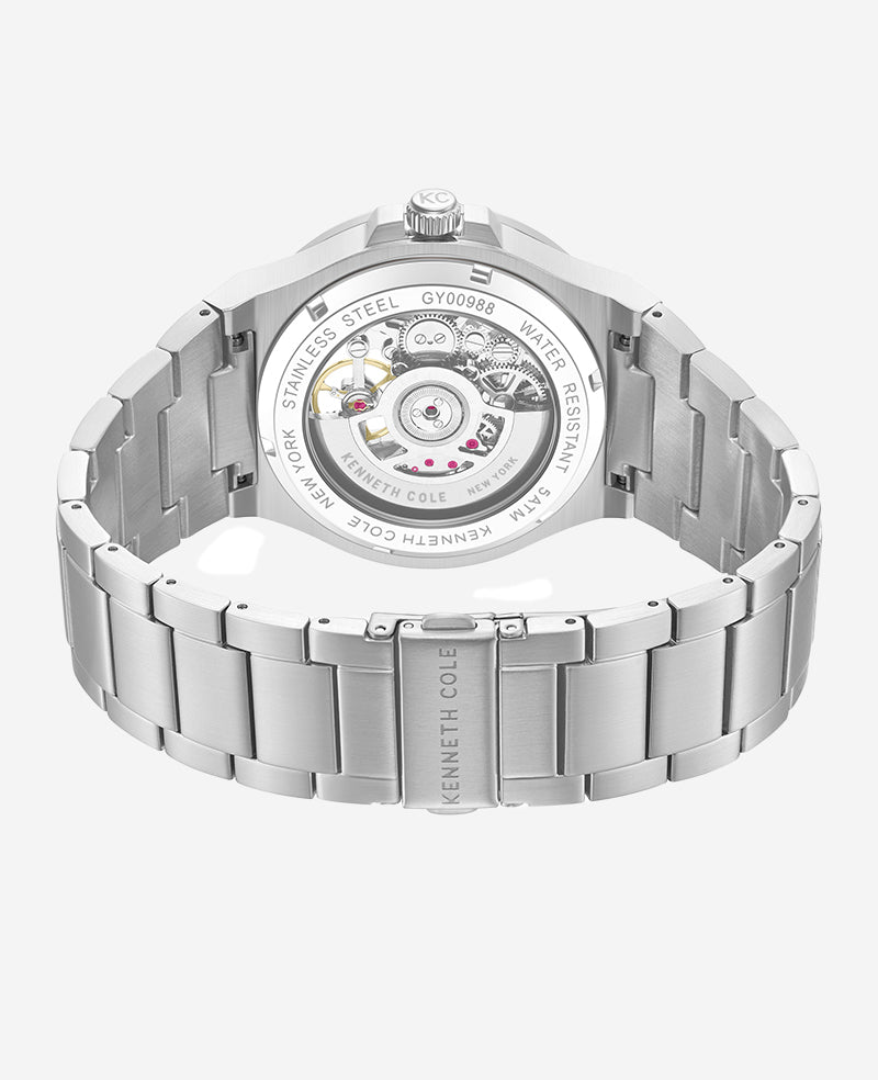 Kenneth Cole Skeleton Automatic Gunmetal Dial Stainless Steel Bracelet Watch | SILVER