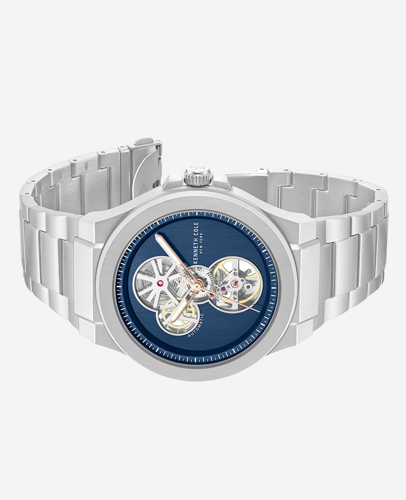 Kenneth Cole Skeleton Automatic Gunmetal Dial Stainless Steel Bracelet Watch | SILVER