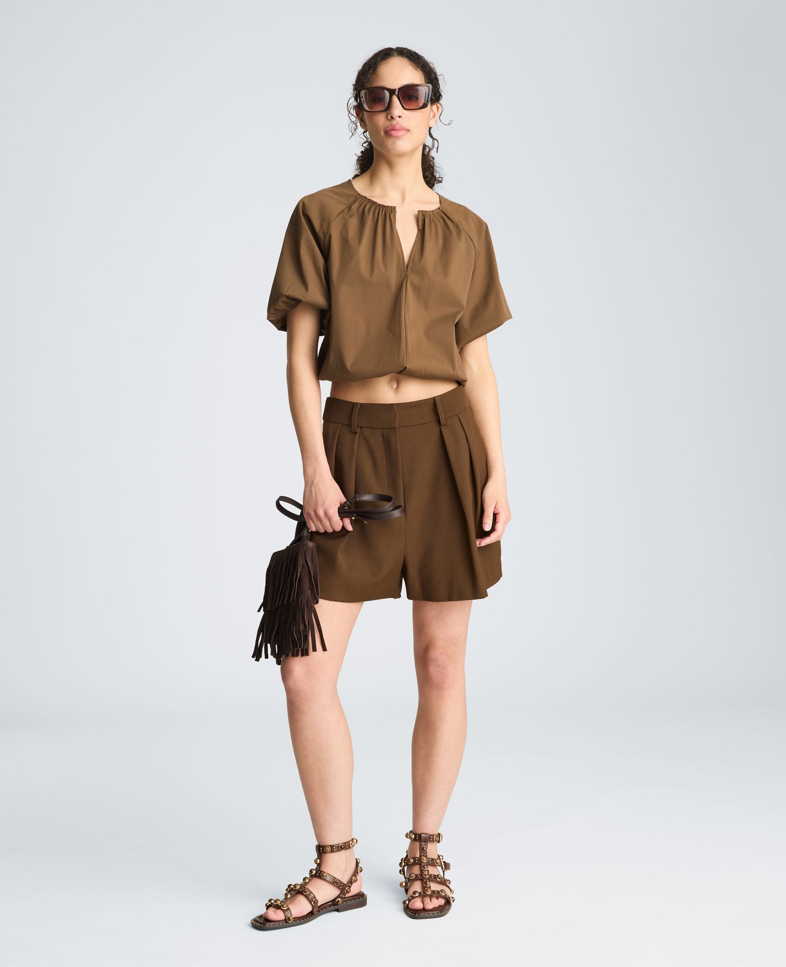 Kenneth Cole High Rise Fly Front Pleated Short | BRUNETTE
