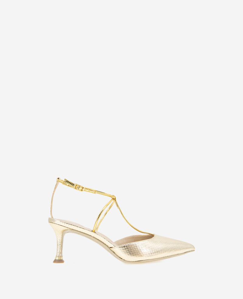 Kenneth Cole Umi Gold Snake T-Strap Metallic Heel Pump | Kenneth Cole | GOLD SNAKE
