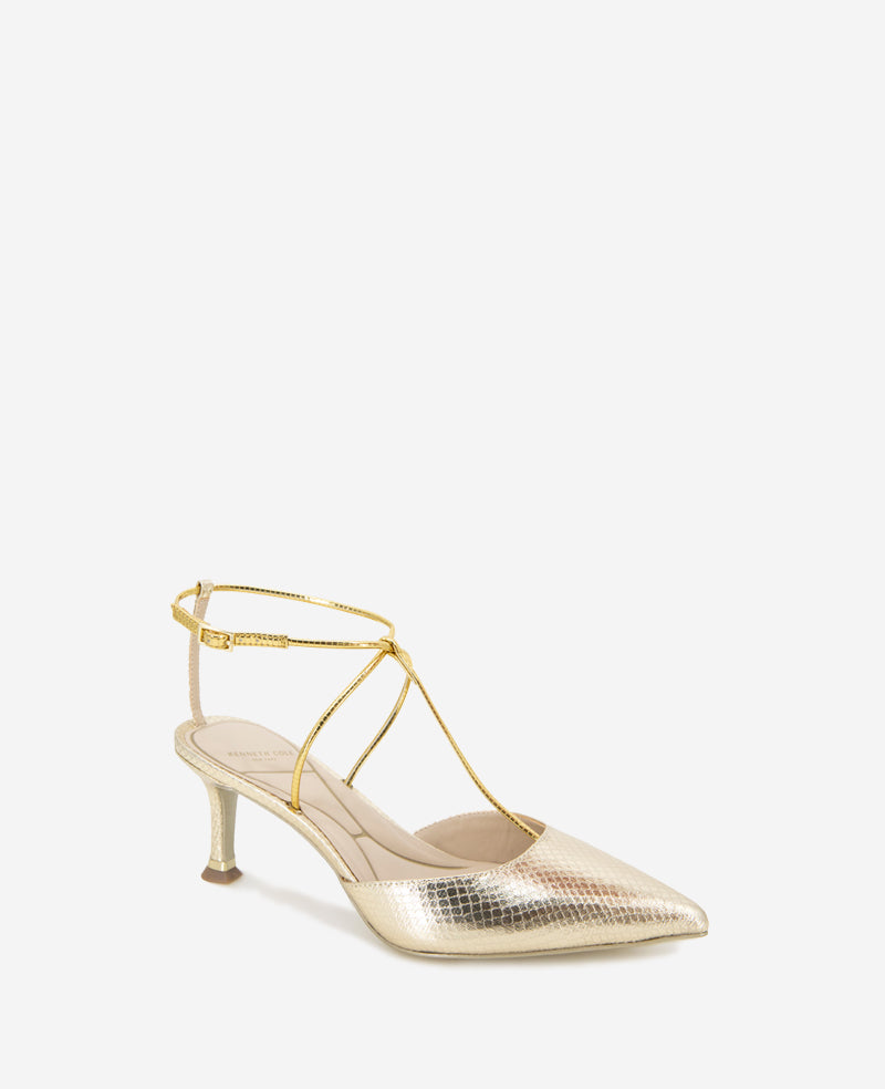 Kenneth Cole Umi Gold Snake T-Strap Metallic Heel Pump | Kenneth Cole | GOLD SNAKE