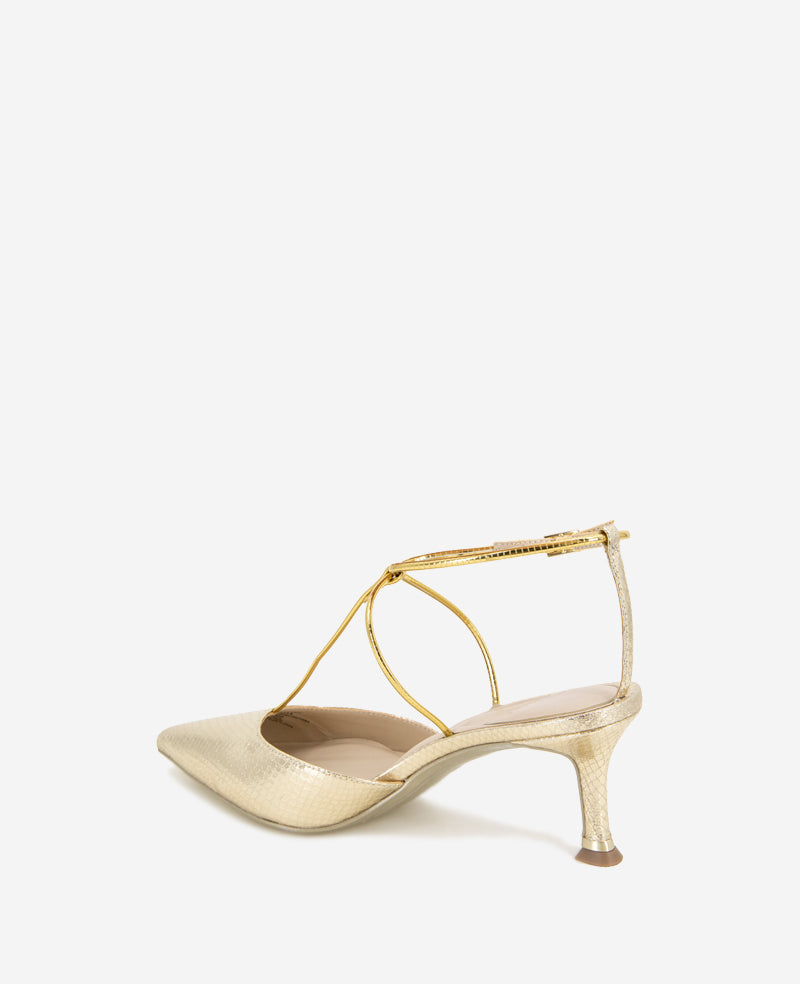 Kenneth Cole Umi Gold Snake T-Strap Metallic Heel Pump | Kenneth Cole | GOLD SNAKE