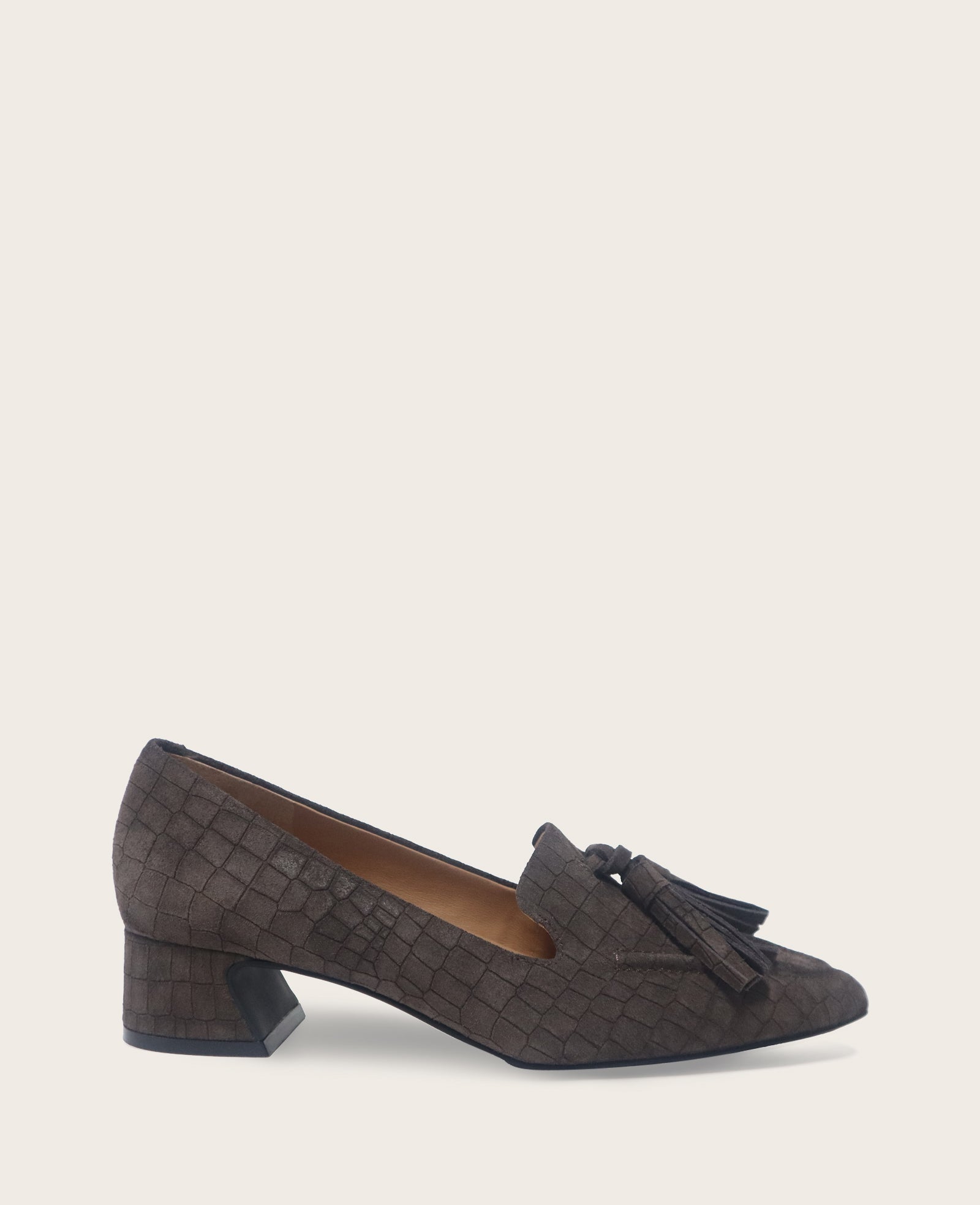 Kenneth Cole Glova Embossed Suede Tassel Heel – Chocolate | Gentle Souls | CHOCOLATE SUEDE
