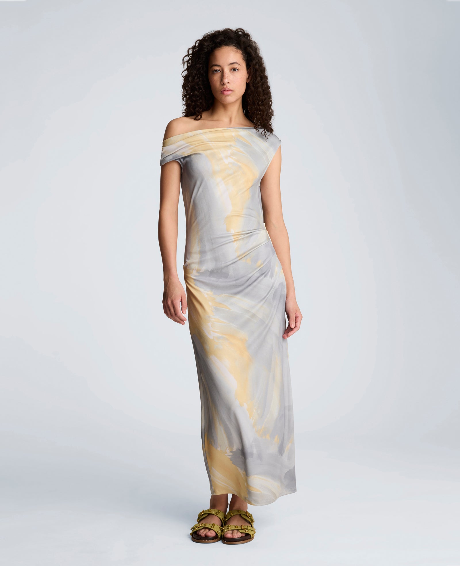 Kenneth Cole Ruched Waist Midi Off-The-Shoulder Dress | PASTEL YELLOW MULTI