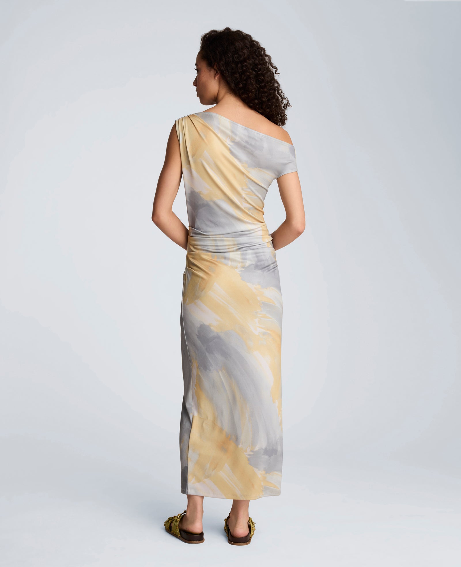 Kenneth Cole Ruched Waist Midi Off-The-Shoulder Dress | PASTEL YELLOW MULTI