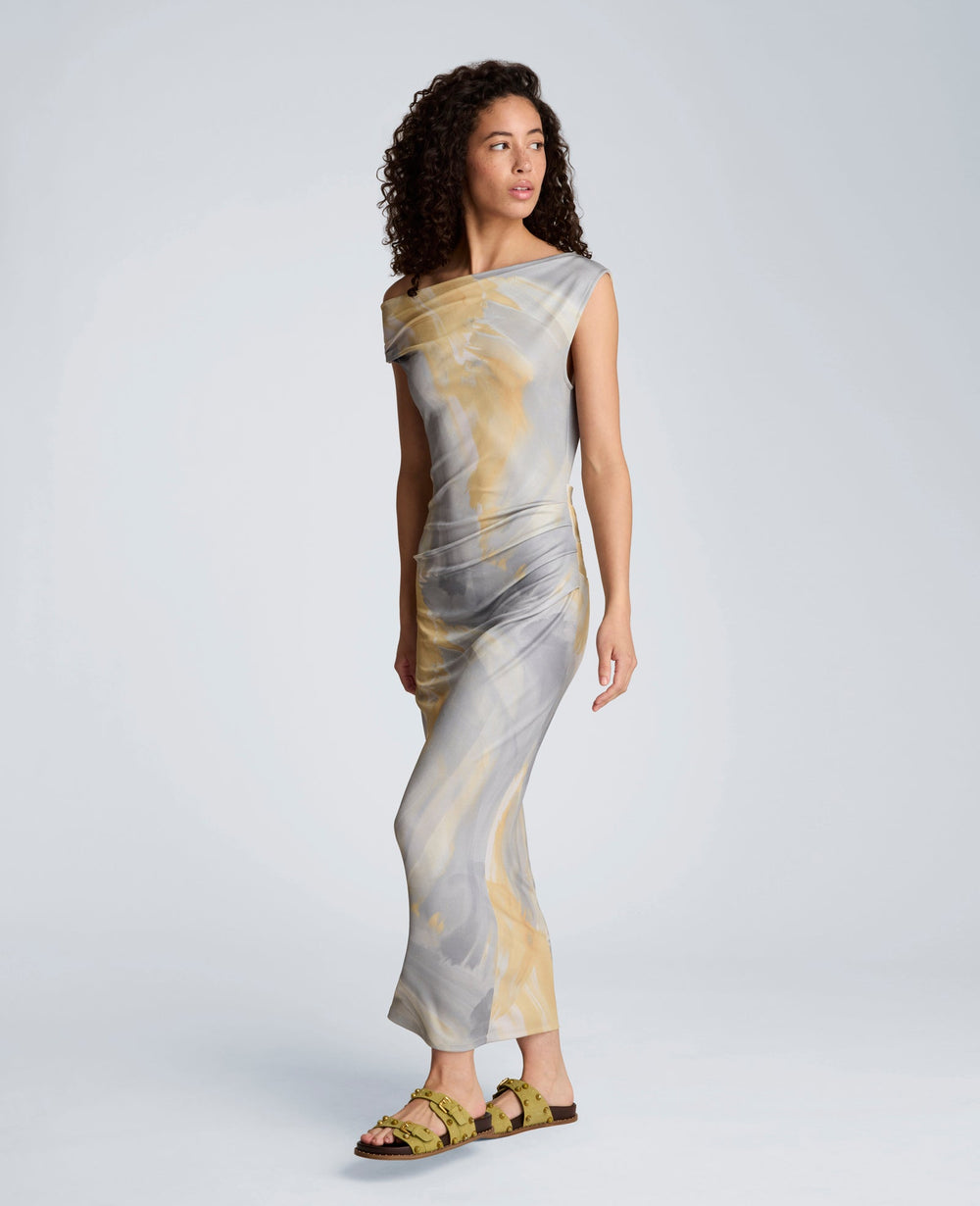 Kenneth Cole Ruched Waist Midi Off-The-Shoulder Dress | PASTEL YELLOW MULTI