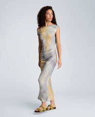 Kenneth Cole Ruched Waist Midi Off-The-Shoulder Dress | PASTEL YELLOW MULTI