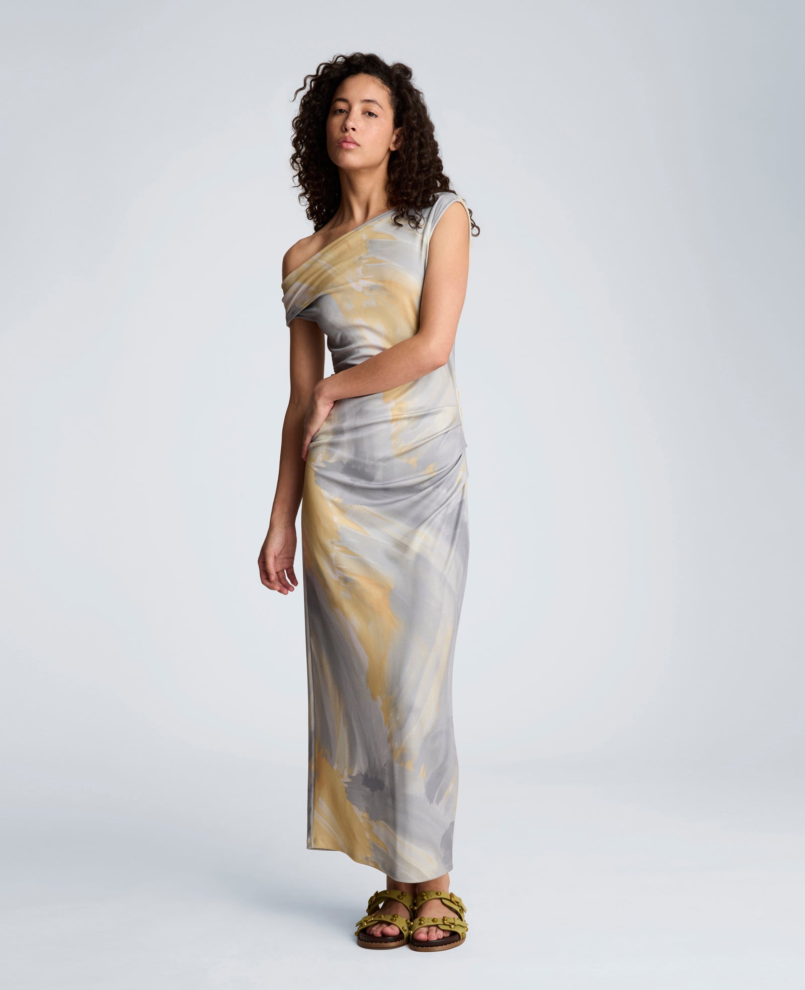Kenneth Cole Ruched Waist Midi Off-The-Shoulder Dress | PASTEL YELLOW MULTI